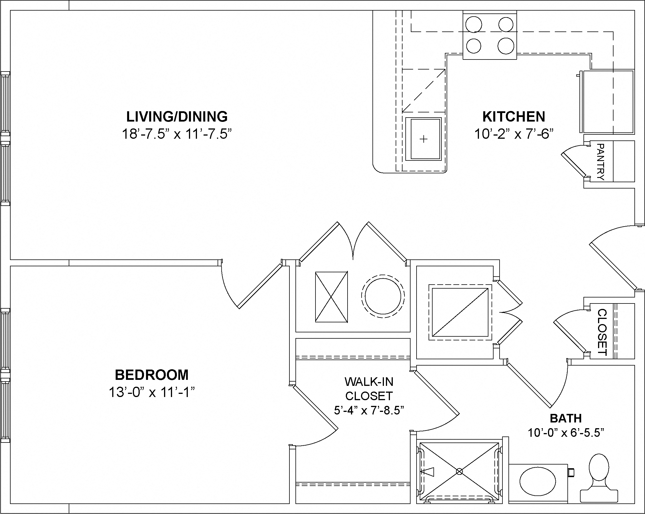 Floor plan for 1 bed, 1 bath, 720 sqft
